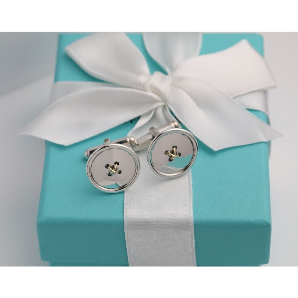 Authentic Tiffany & Co. Men's Cufflinks Button Motif in 925 Silver & 18k Gold - Picture 3 of 11